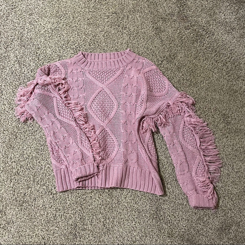 Pink Lily Fringe Cable Knit Mauve Sweater